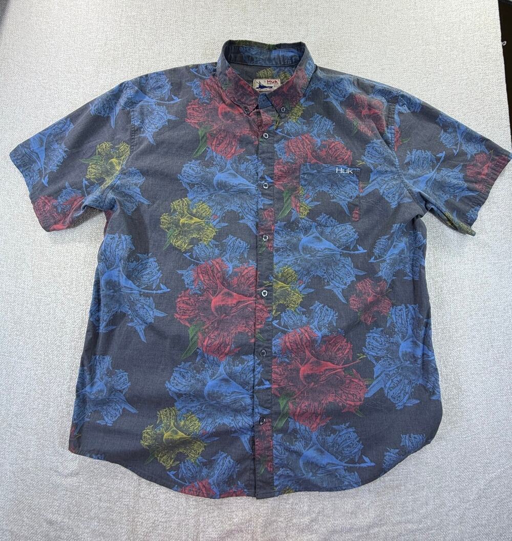 Huk Fishing Men's 2XL Black Blue Button Front Short Sleeve Fishing Shirt Guide